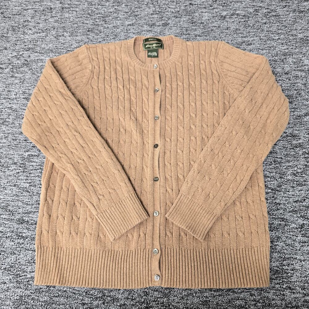Eddie Bauer Cable Knit Button Up Cardigan Women's L Carmel Brown Preppy Heritage